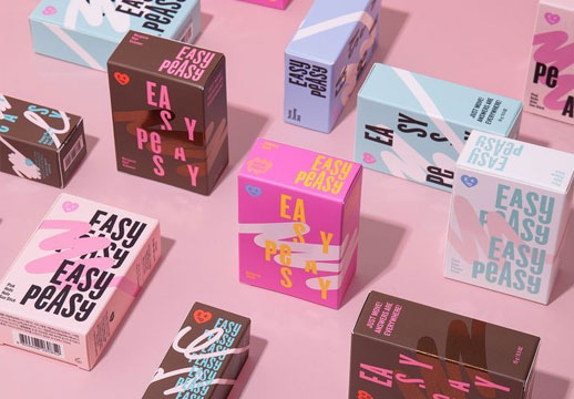 Folding paper boxes for product packaging in different sizes and with printed designs
